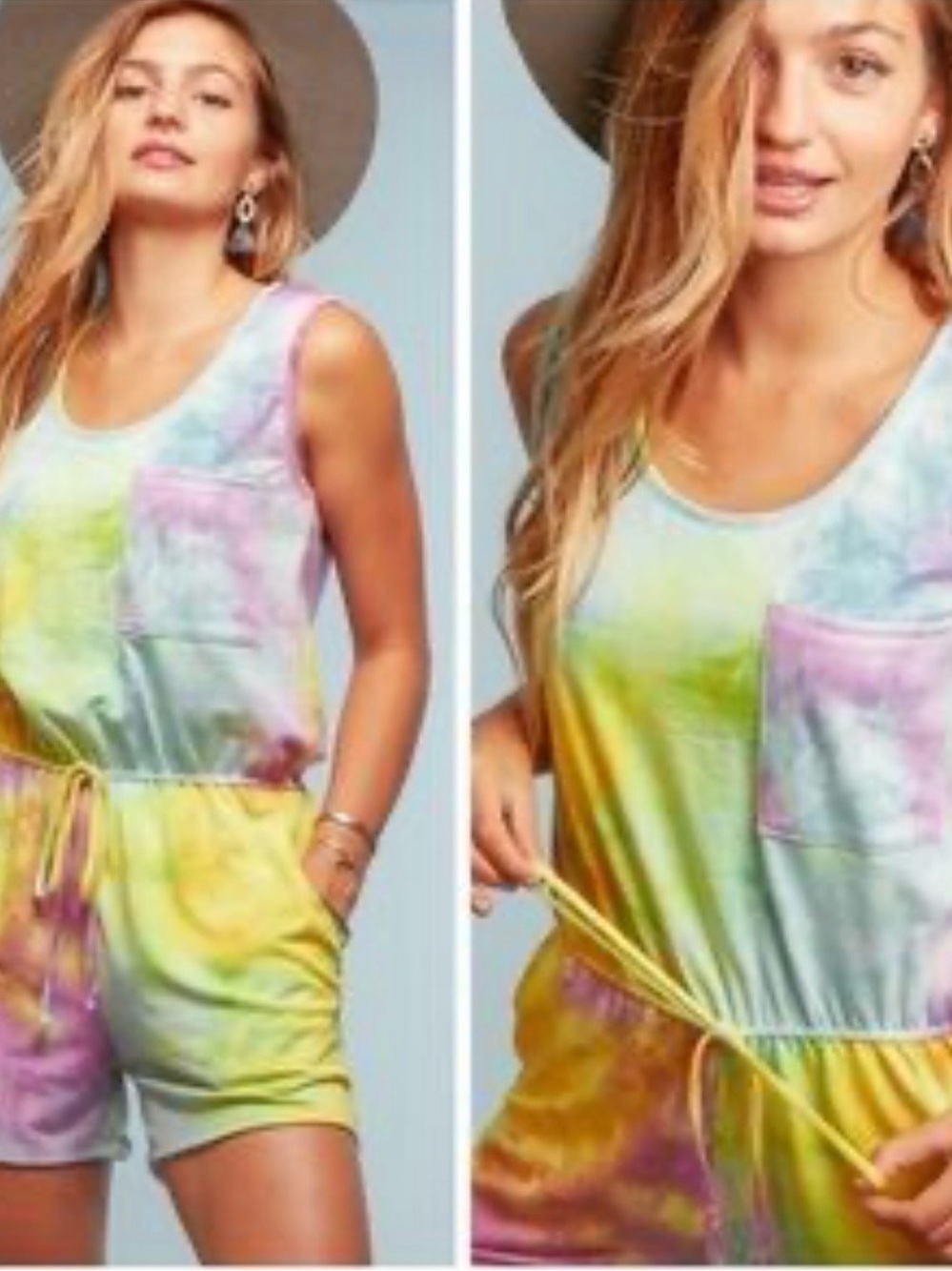 Holly Harper- Haptics tie-dye romper yellow, drawstring waist, pockets. Size L
